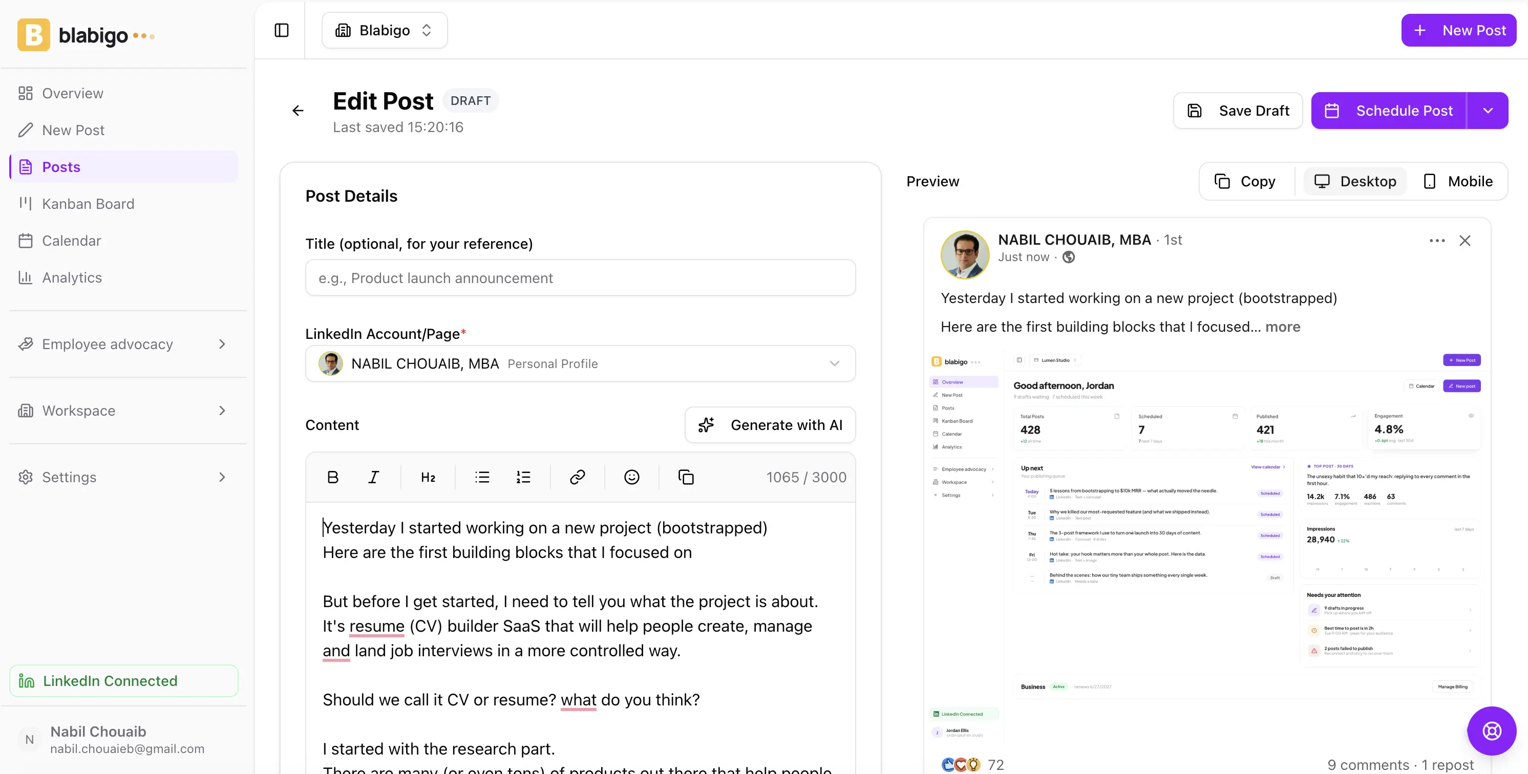 Blabigo LinkedIn editor